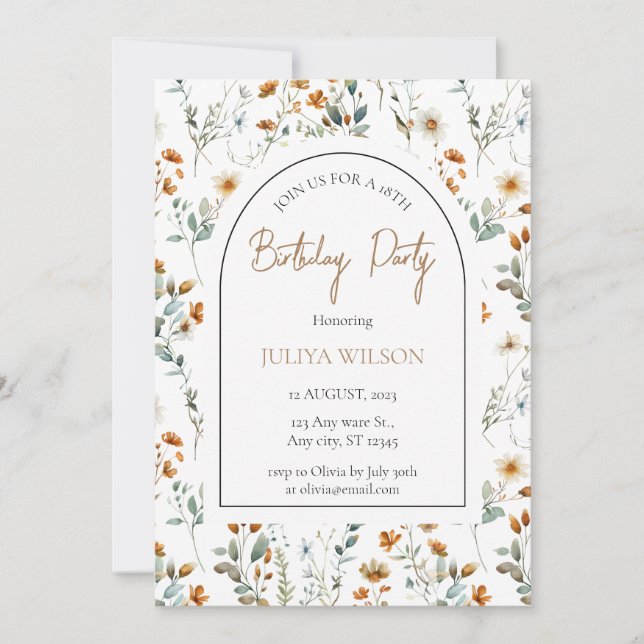 Wildblume Girone Geburtstagsparty Einladung (Vorderseite)