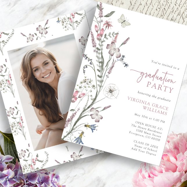 Wildblume Graduation Party Einladung (Wildflower Graduation Party Invitation Butterfly with Picture by Painted Paperie
)
