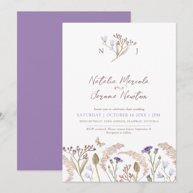 Wildblume Gras Aquarell Hochzeit im Herbst Einladung (Vorne/Hinten)