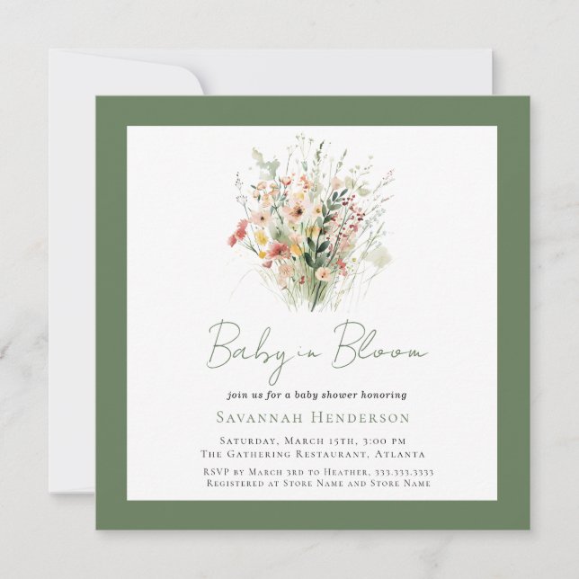 Wildblume Green Garden Baby in Bloom Baby Dusche Einladung (Vorderseite)