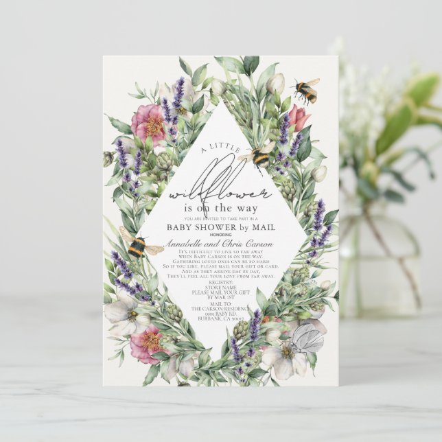 Wildblume Greenery Rhombus Baby Shower by Mail Einladung (Stehend Vorderseite)