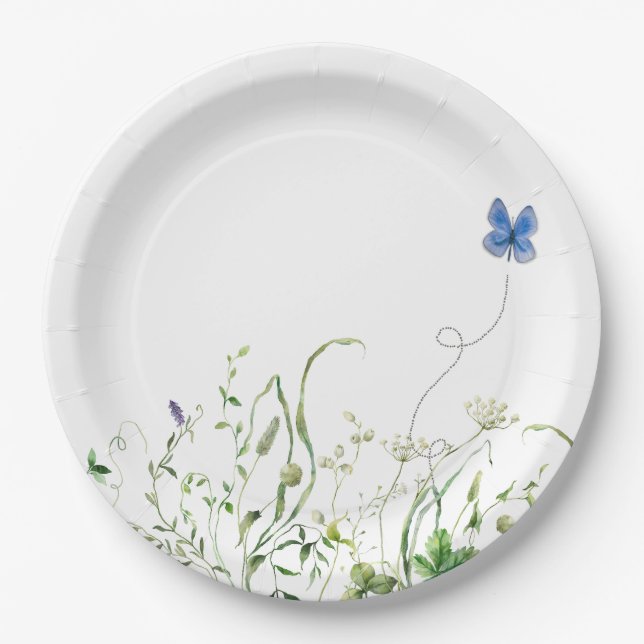 Wildblume-Grenze mit blauem Schmetterling Pappteller (Vorderseite)