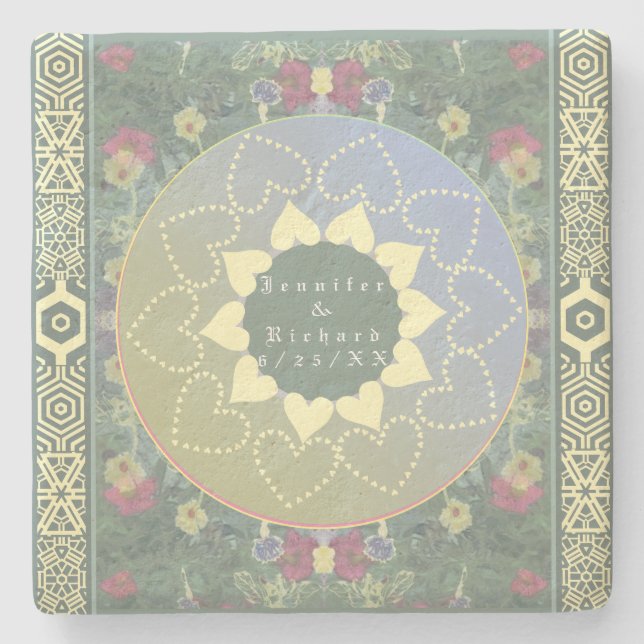 Wildblume Herz Mandala Couple & Wedding Date Steinuntersetzer (Vorderseite)
