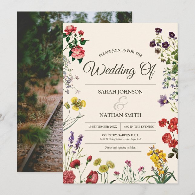 Wildblume Hochzeit Einladung mit maßgeschneidertem (Vorne/Hinten)