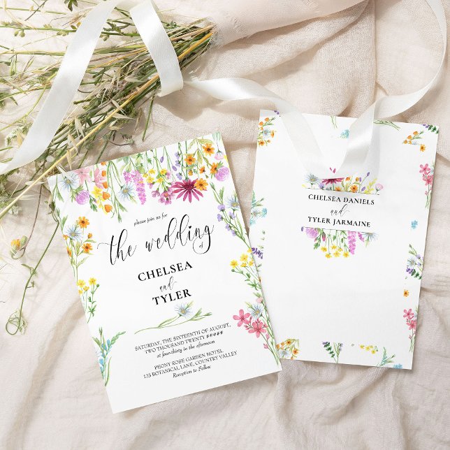 Wildblume Hochzeit Hübscher Blumenrahmen Einladung (Wildflower Wedding Invitation with full names on the back | Wildflower Meadow Wedding Collection)