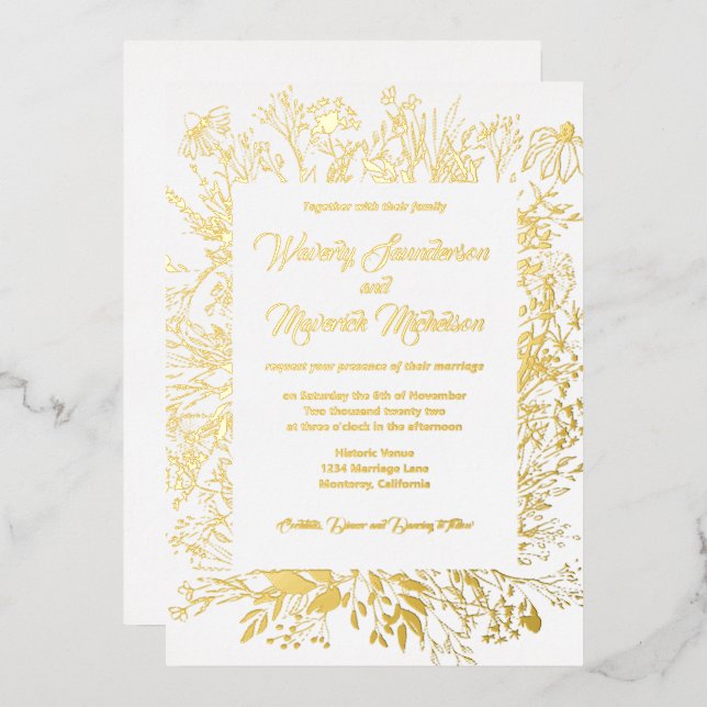 Wildblume-Hochzeit von Gold Foil Folieneinladung (Vorderseite/Rückseite)