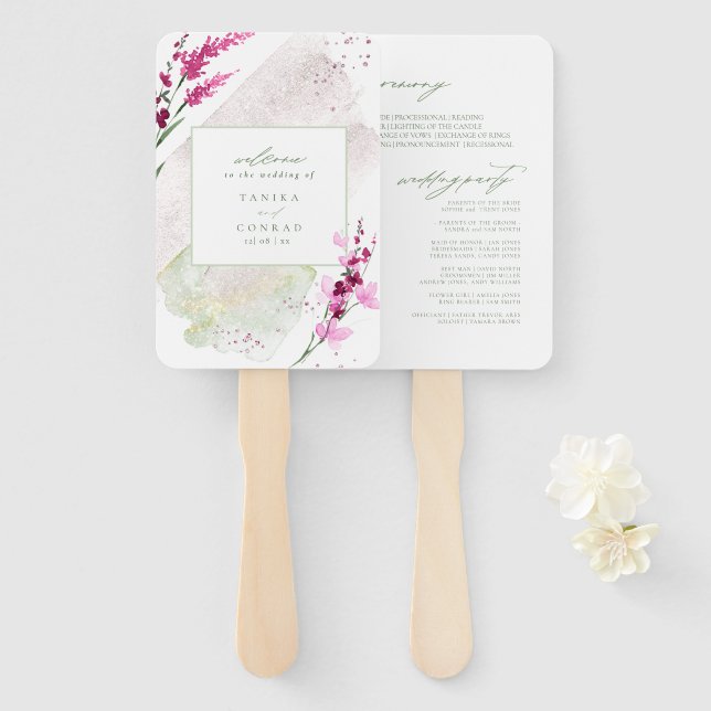 Wildblume Hochzeit Wasserfarbe Zeremonie Fusia ID9 Fächer (Vorne und Hinten)