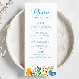 Wildblume Hochzeitsmenü mit farbenfrohen Wasserfar Menükarte