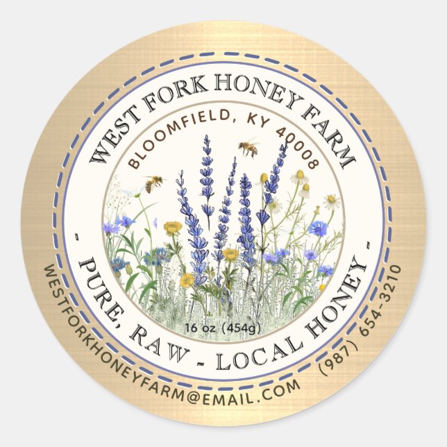 Wildblume Honey Label Bees and Dashed Border Gold Runder Aufkleber (Vorderseite)
