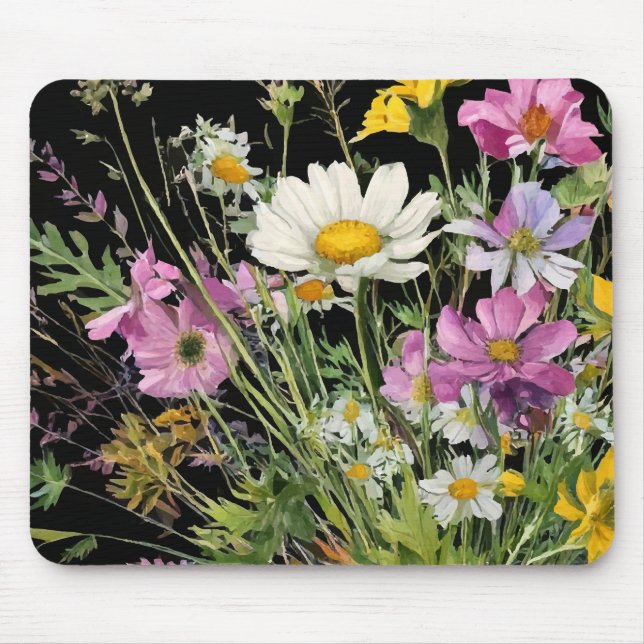 Wildblume in Aquarellfarbe auf schwarzem Hintergru Mousepad (Vorne)