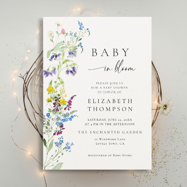 Wildblume in Bloom Elegante Watercolor Kinderdusch Einladung (wildflowers baby shower invitation in bloom elegant garden party romantic watercolor calligraphy)