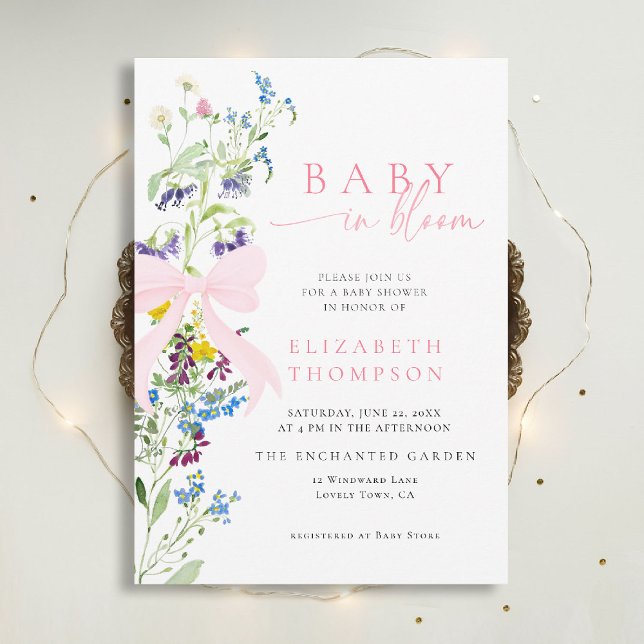 Wildblume in Bloom Garden Bow Girl Babydusche Einladung (wildflowers baby shower invitation in bloom elegant pink bow garden party watercolor calligraphy)