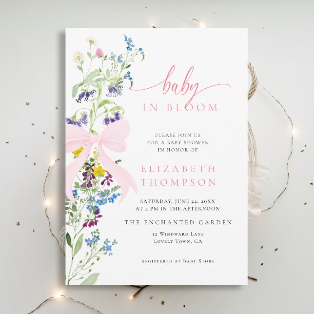 Wildblume in Bloom Pink Bow Girl Babydusche Einladung (wildflowers baby shower invitation in bloom elegant pink bow garden party watercolor modern)
