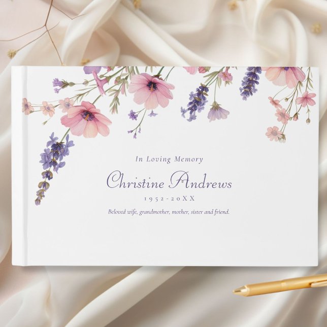 Wildblume "In Love Memory" Beerdigung Gästebuch (Wildflower "In Loving Memory" Funeral Guest Book, White-Purple, Floral)