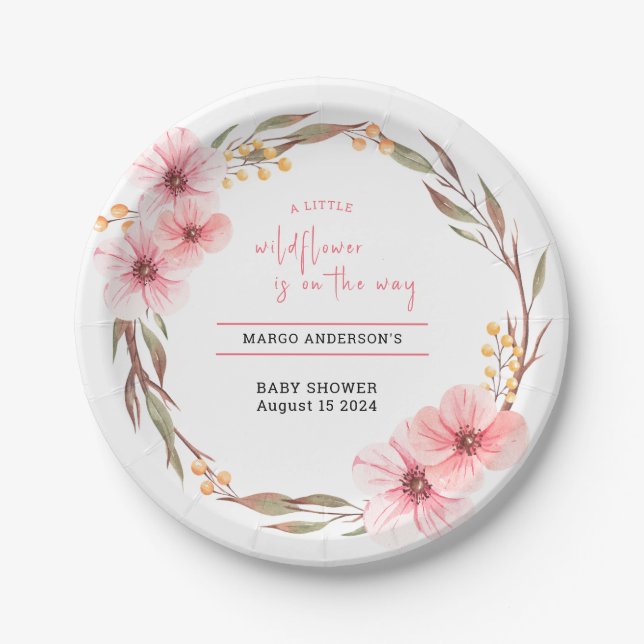 Wildblume ist unterwegs mit rosa Babydusche Pappteller (Vorderseite)