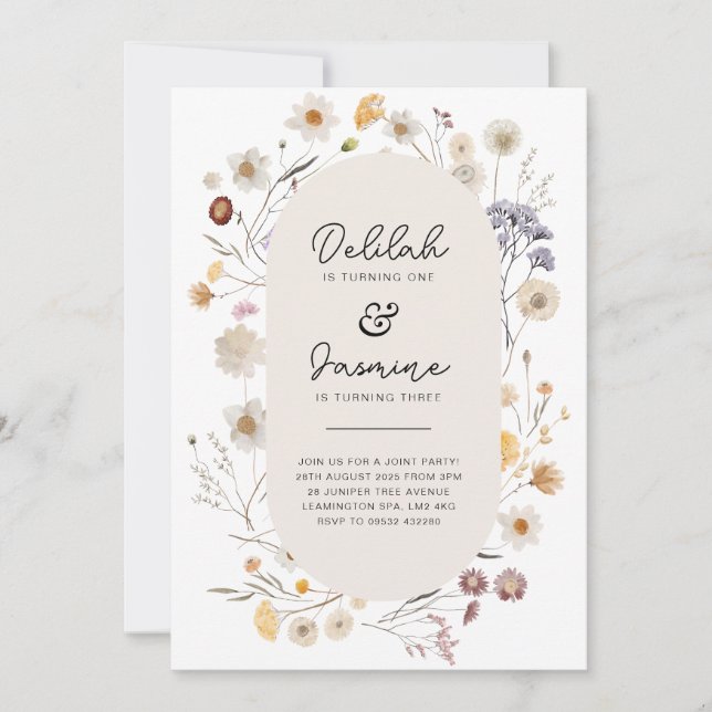 Wildblume Joint Birthday Foto Back Einladung (Vorderseite)