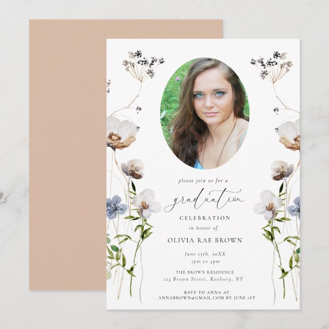 Wildblume Kalligrafie Abschluss Einladung (Vorne/Hinten)