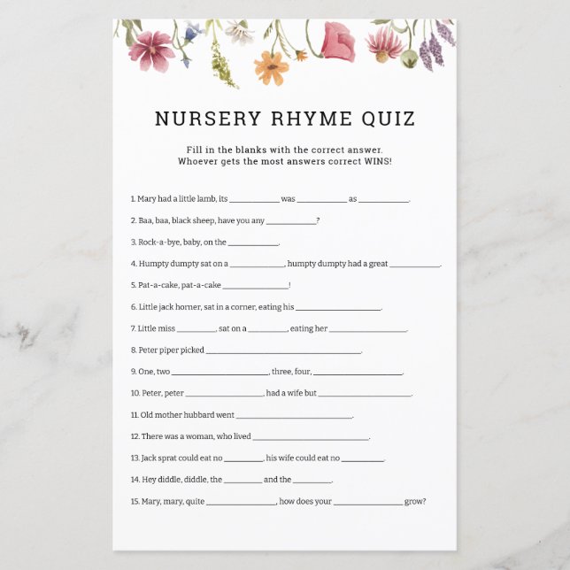 Wildblume Kinderzimmer Rhymes Quiz Baby Showspiel (Vorderseite)