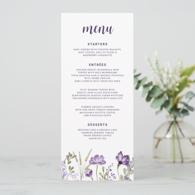 Wildblume lila & Lavendel Hochzeit Menükarte (Stehend Vorderseite)