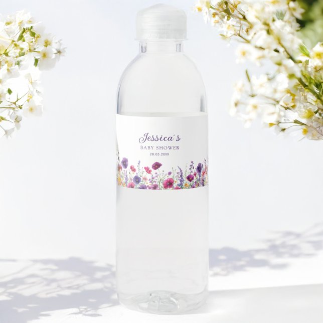 Wildblume, Lila-rosa-Blume-Babydusche (Wildflower, White-Purple-Pink-Flower Baby Shower Water Bottle Label with your Name and Date.)