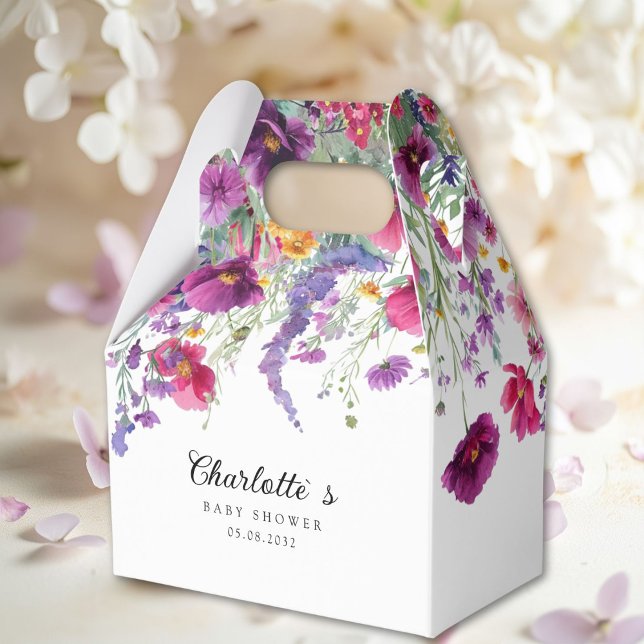 Wildblume, Lila-rosa-Blume-Babydusche Geschenkschachtel (Wildflower, Purple-Pink-Flower Baby Shower Favor Boxes with your Name & Date. For Baby Girl & Boy.)