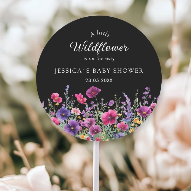 Wildblume, Lila-rosa-Blume-Babydusche Runder Aufkleber (Personalized, Wildflower, Purple-Pink-Flower Baby Shower Classic Round Sticker with your Name & Date)