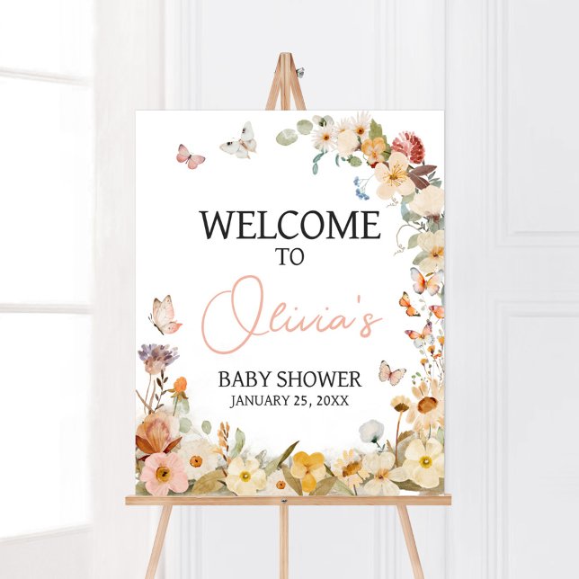 Wildblume Little Butterfly Baby Dusche Empfang Poster (Little Butterfly Wildflower Baby Shower Welcome Sign)