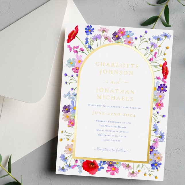 Wildblume Locarno Folieneinladung (Colorful wildflower arch gold foil wedding invitation )