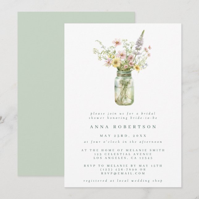 Wildblume Mason Jar Brautparty Einladung (Vorne/Hinten)