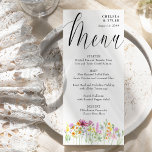 Wildblume Meadow Elegante Script Hochzeit Menükarte<br><div class="desc">Wildblume Hochzeitskarte mit delikaten wilden Blume und schöner Kalligraphie. Dieses hübsche Aquarell-Wildblume-Design verfügt über hübsche Wiesen-Blume in Rosa-Lila-Orange und Gelb. Ideal für Frühlings- und Sommerthemen vom Blumengarten bis zum Bio Boho. Wenn Sie passende Produkte möchten, durchsuchen Sie bitte meine Wildblume Meadow Kollektion oder schreiben Sie mir, um die Vorlagen hinzuzufügen,...</div>