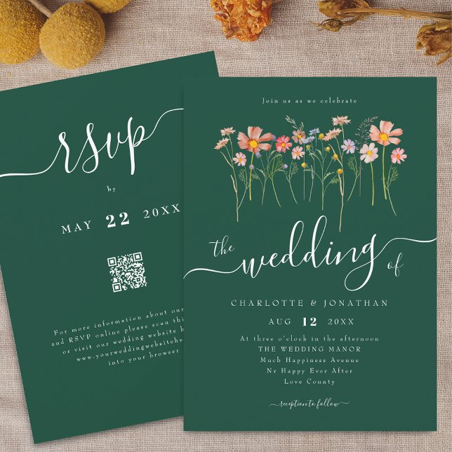 Wildblume Meadow Eleganter Script Green QR-Code Einladung (Wildflower meadow boho floral green Wedding qr code invitation Elegant script watercolor fall colors)