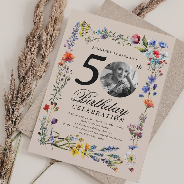 Wildblume Meadow Foto 50. Geburtstag Champagner Einladung (Wildflower Meadow Photo 50th Birthday Champagne Invitation)