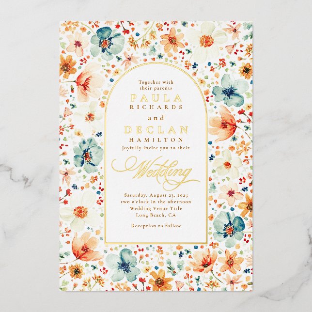 Wildblume Meadow Garden Floral Boho Hochzeit im He Folieneinladung (Vorderseite)