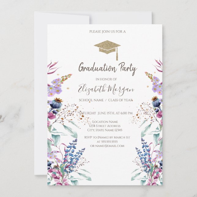 Wildblume Meadow Glitzer Graduation Cap Einladung (Vorderseite)
