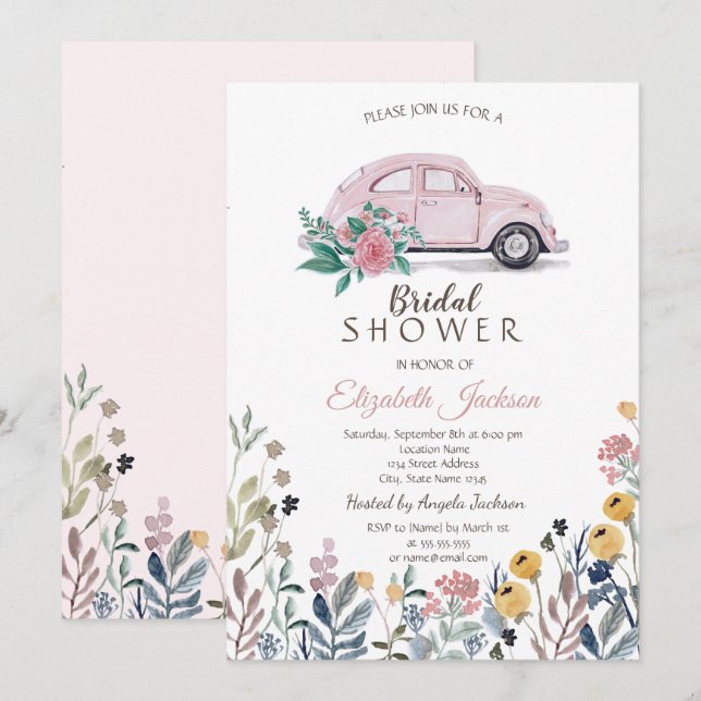 Wildblume Meadow Pink Car Brautparty Einladung (Vorne/Hinten)