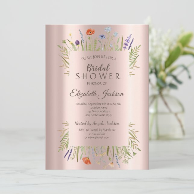 Wildblume Meadow Rose Gold Brautparty Einladung (Stehend Vorderseite)