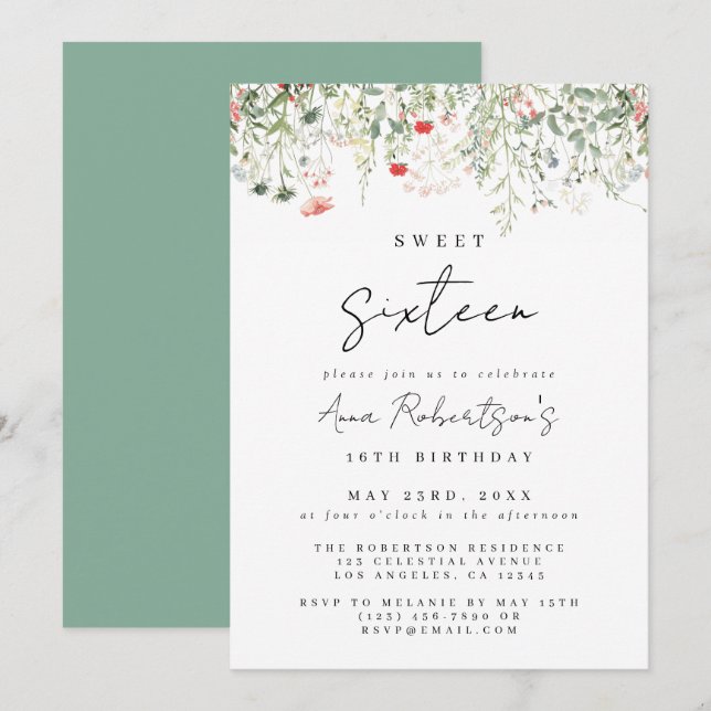 Wildblume Meadow Sweet 16 Geburtstag Einladung (Vorne/Hinten)