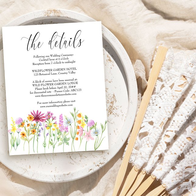 Wildblume Meadow Wedding Details Einschlusskarte Begleitkarte (Wedding enclosure cards with a dreamy meadow of wildflowers, elegant calligraphy ..)