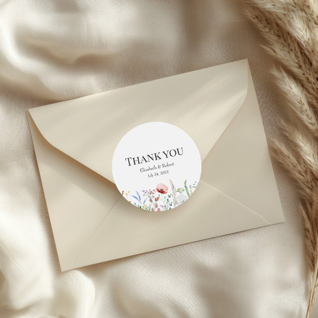 Wildblume Meadow Wedding Vielen Dank, dass Sie Sti Runder Aufkleber (Wildflower Meadow Wedding Thank You Sticker on a wedding envelope)