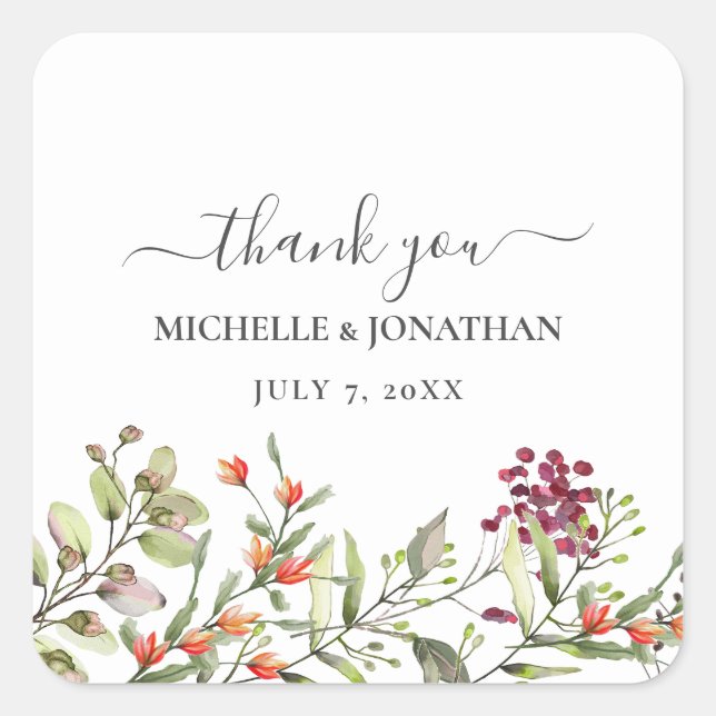 Wildblume Meadow Wedding Vielen Dank Quadratischer Aufkleber (Vorderseite)