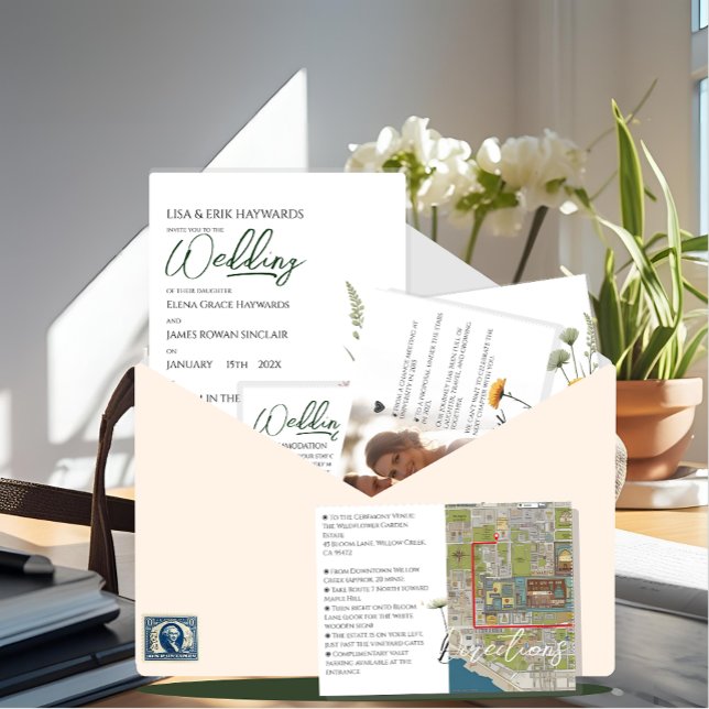 Wildblume Minimal 50 Gäste DIY Budget Hochzeit Dreifach Gefaltete Einladung (Von Creator hochgeladen)