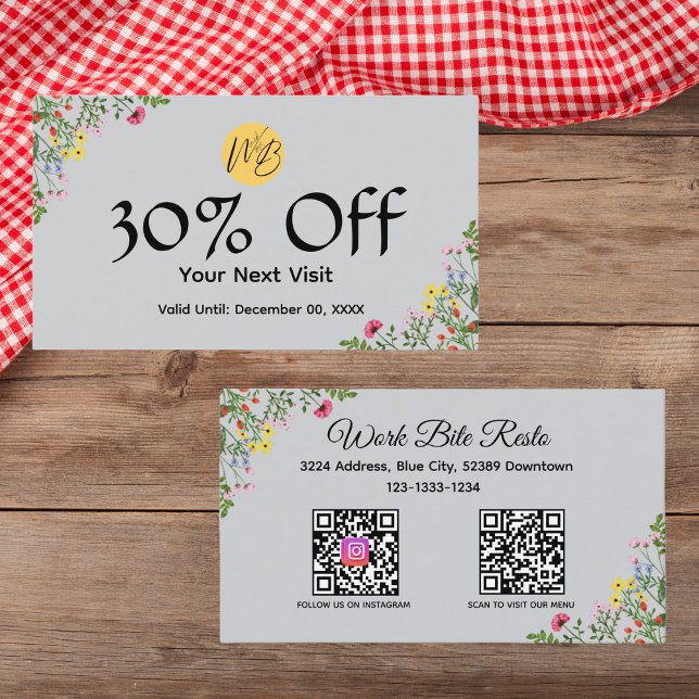 Wildblume Modernes Restaurant Qr Code Menü und Rabattkarte (Von Creator hochgeladen)