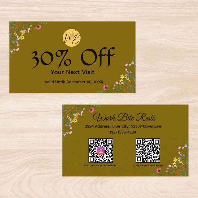 Wildblume Modernes Restaurant Qr Code Menü und Rabattkarte (Von Creator hochgeladen)