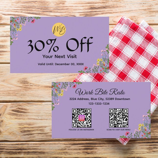 Wildblume Modernes Restaurant Qr Code Menü und Rabattkarte (Von Creator hochgeladen)