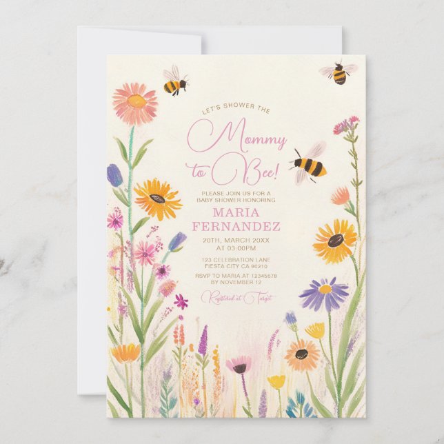 Wildblume Mommy to Bee Baby Dusche Rosa Einladung (Vorderseite)