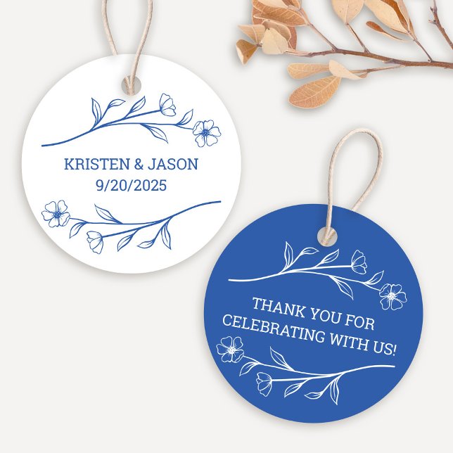 Wildblume Monogram Wedding Tag in Cobalt Geschenkanhänger (Wildflower Monogram Wedding Tags in Cobalt Blue)