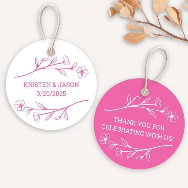 Wildblume Monogram Wedding Tag in Rosa Geschenkanhänger (Wildflower Monogram Wedding Tag in Hot Pink)
