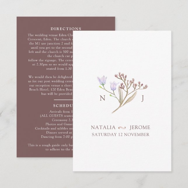 Wildblume Monogramm braun Hochzeit im Herbst Gasti Begleitkarte (Vorne/Hinten)