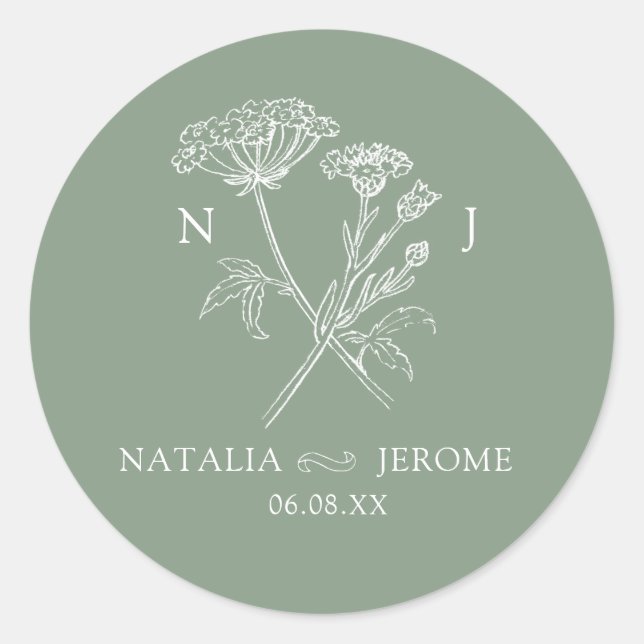 Wildblume monogramm grüner Name und Hochzeitstermi Runder Aufkleber (Vorderseite)