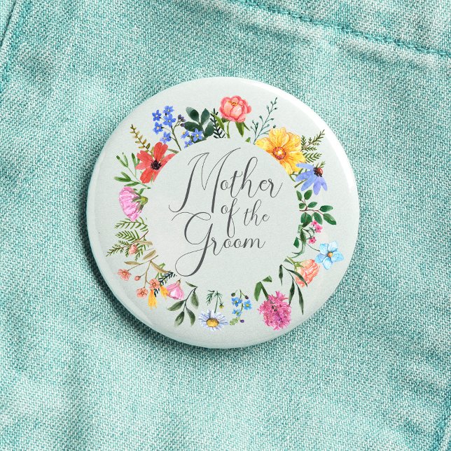 Wildblume Mutter der Groom-Script-Hochzeit Button (Mother of the Groom  Wildflower Watercolor Floral Wreath Wedding Button
)